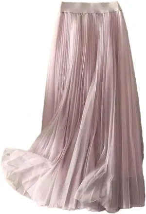 Solid Color Pleated Mesh Skirt Women Classic High Waisted Casual Lady Midi Skirt