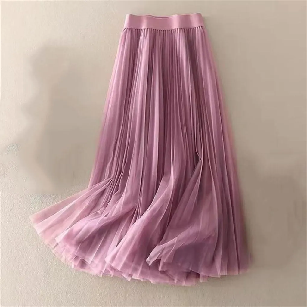 Solid Color Pleated Mesh Skirt Women Classic High Waisted Casual Lady Midi Skirt