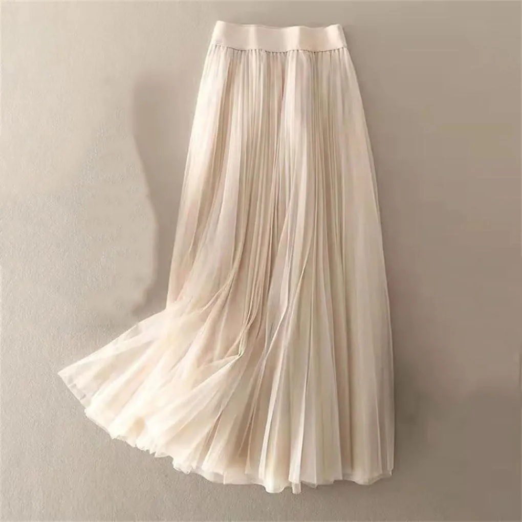 Solid Color Pleated Mesh Skirt Women Classic High Waisted Casual Lady Midi Skirt