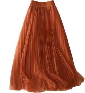 Solid Color Pleated Mesh Skirt Women Classic High Waisted Casual Lady Midi Skirt