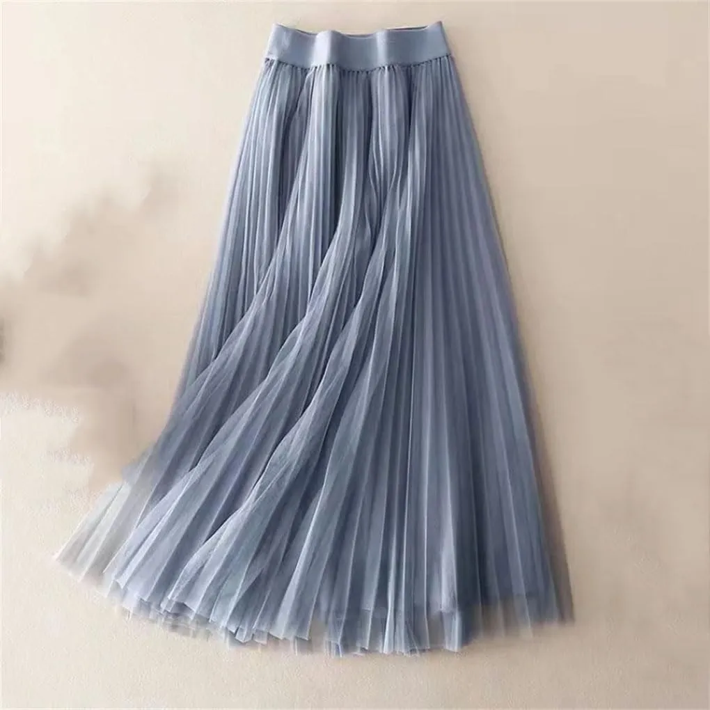 Solid Color Pleated Mesh Skirt Women Classic High Waisted Casual Lady Midi Skirt