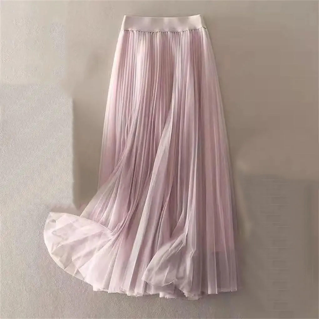 Solid Color Pleated Mesh Skirt Women Classic High Waisted Casual Lady Midi Skirt