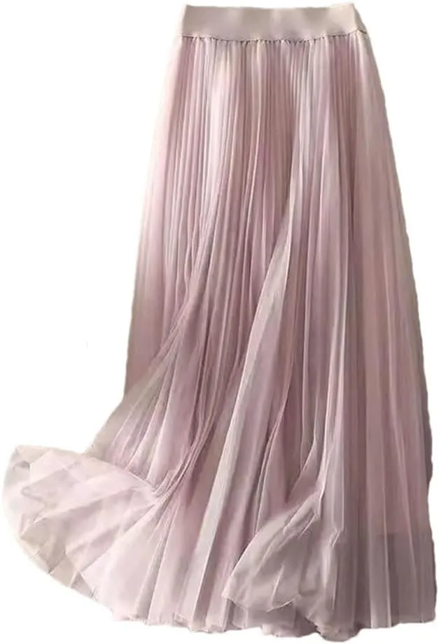 Solid Color Pleated Mesh Skirt Women Classic High Waisted Casual Lady Midi Skirt