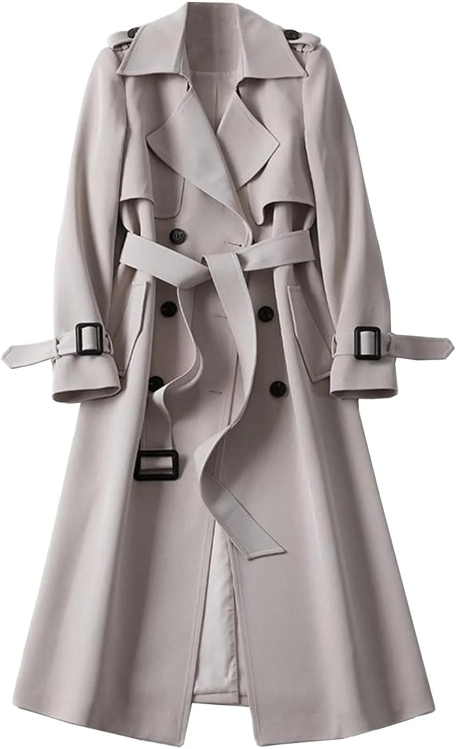 SOMTHRON Women's Double Breasted Long Trench Coat Belted Notch Lapel Overcoat Windproof Classic Outerwear