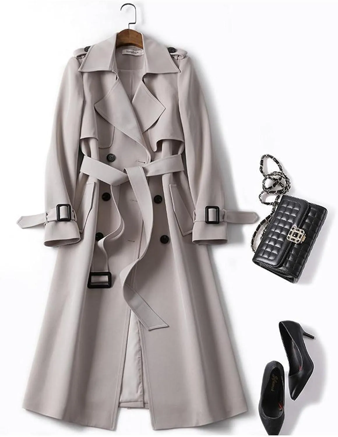 SOMTHRON Women's Double Breasted Long Trench Coat Belted Notch Lapel Overcoat Windproof Classic Outerwear