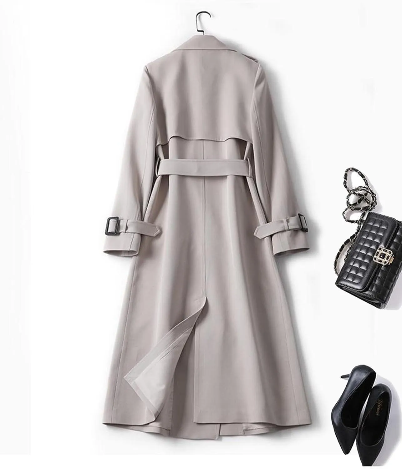 SOMTHRON Women's Double Breasted Long Trench Coat Belted Notch Lapel Overcoat Windproof Classic Outerwear