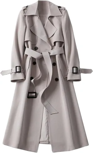 SOMTHRON Women's Double Breasted Long Trench Coat Belted Notch Lapel Overcoat Windproof Classic Outerwear