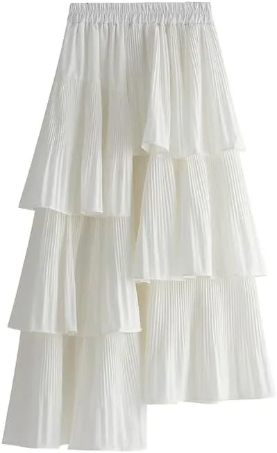 Spring and Autumn Korean Asymmetrical Pleated Cake Skirt Women's Versatile Ruffled Irregular Princess Skirt Midi Skirt