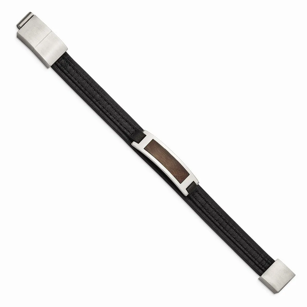 Stainless Steel Polished with Wood Inlay Black Leather w/.5in ext Bracelet