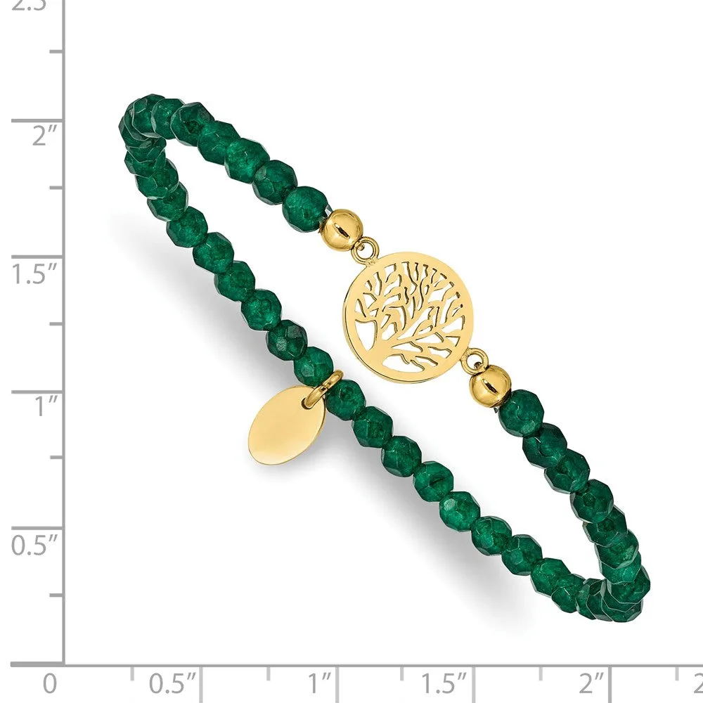 Stainless Steel Polished Yellow IP Tree of Life Green Jade Stretch Bracelet