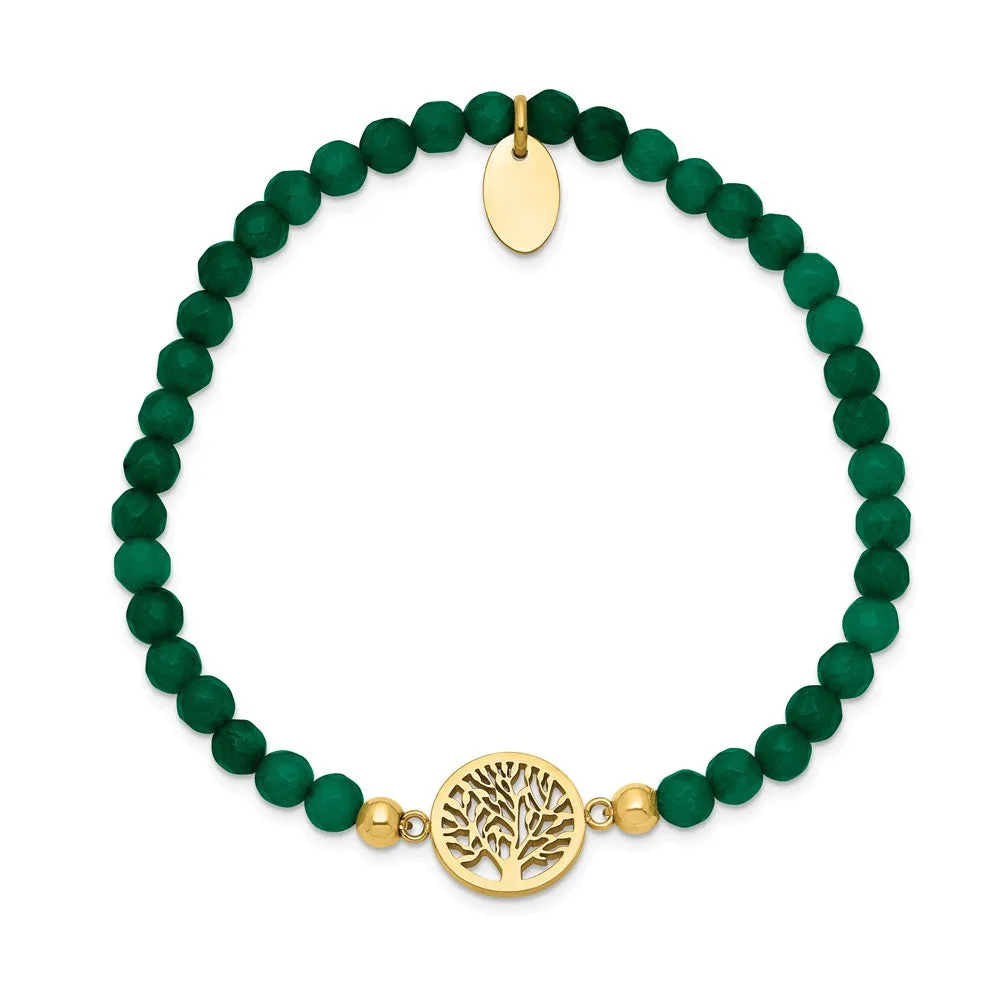 Stainless Steel Polished Yellow IP Tree of Life Green Jade Stretch Bracelet