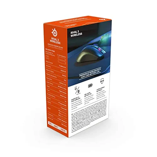 SteelSeries Rival 3 Wireless Gaming Mouse  400  Hour Battery Life  Dual Wireless 2.4 GHz and Bluetooth 5.0  60 Million Clicks  18,000 CPI TrueMove Air Optical Sensor,Black