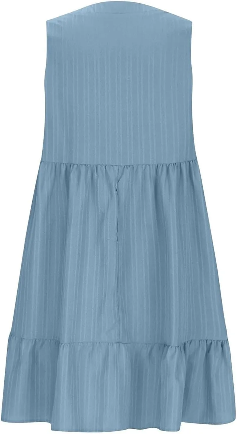 Summer Dresses for Women 2025 Sleeveless v Neck Mini Shirt Dress Casual Pleated Boho Ruffle A Line Swing Sundresses