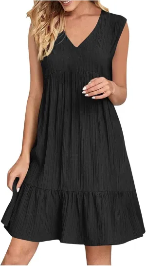 Summer Dresses for Women 2025 Sleeveless v Neck Mini Shirt Dress Casual Pleated Boho Ruffle A Line Swing Sundresses