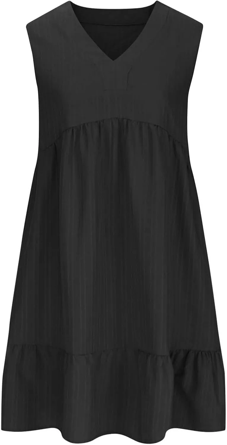 Summer Dresses for Women 2025 Sleeveless v Neck Mini Shirt Dress Casual Pleated Boho Ruffle A Line Swing Sundresses