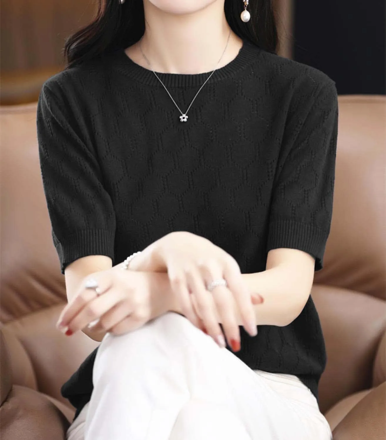 Summer Hollow Out T-Shirt Women's Short Sleeve Sweater Cotton Knitted O-Neck Lightweight Pointelle Breathable Tops