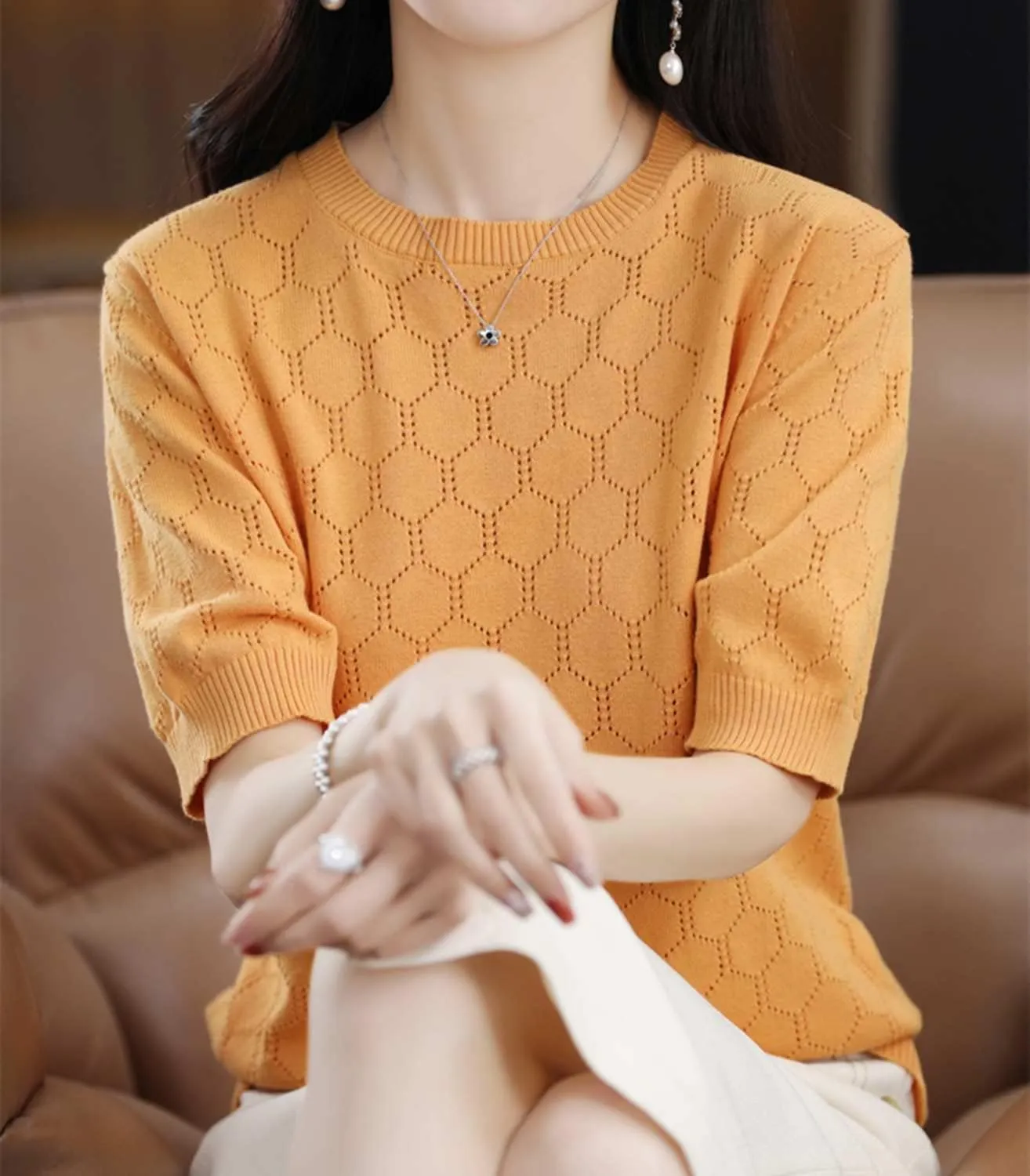 Summer Hollow Out T-Shirt Women's Short Sleeve Sweater Cotton Knitted O-Neck Lightweight Pointelle Breathable Tops