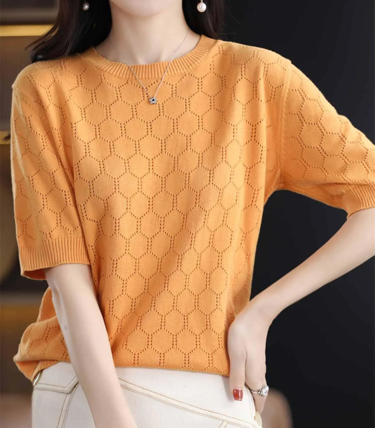 Summer Hollow Out T-Shirt Women's Short Sleeve Sweater Cotton Knitted O-Neck Lightweight Pointelle Breathable Tops