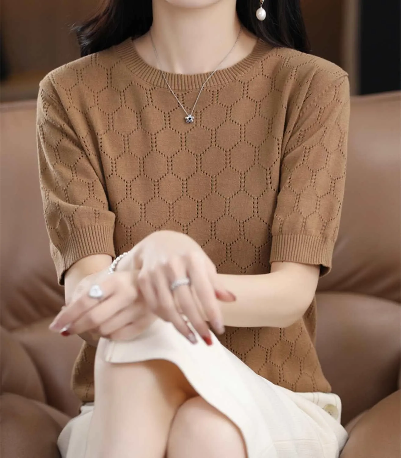 Summer Hollow Out T-Shirt Women's Short Sleeve Sweater Cotton Knitted O-Neck Lightweight Pointelle Breathable Tops