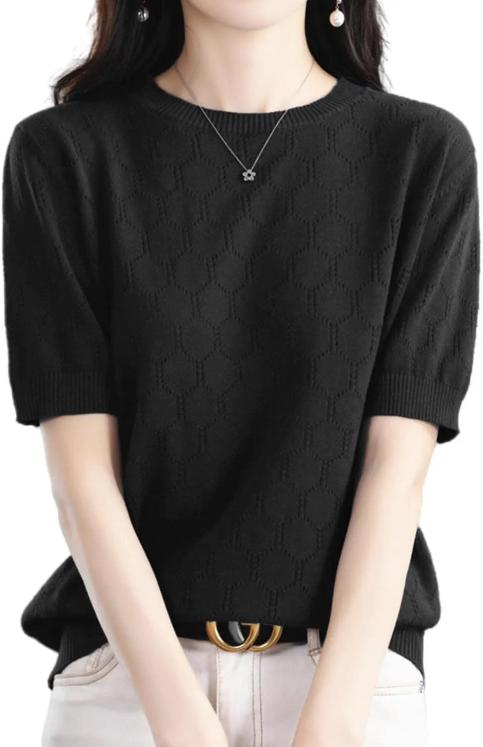 Summer Hollow Out T-Shirt Women's Short Sleeve Sweater Cotton Knitted O-Neck Lightweight Pointelle Breathable Tops