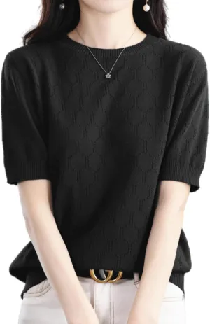 Summer Hollow Out T-Shirt Women's Short Sleeve Sweater Cotton Knitted O-Neck Lightweight Pointelle Breathable Tops