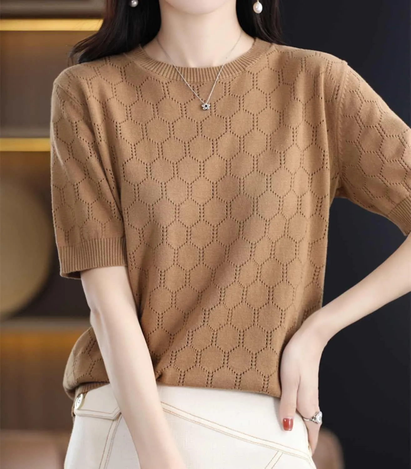 Summer Hollow Out T-Shirt Women's Short Sleeve Sweater Cotton Knitted O-Neck Lightweight Pointelle Breathable Tops