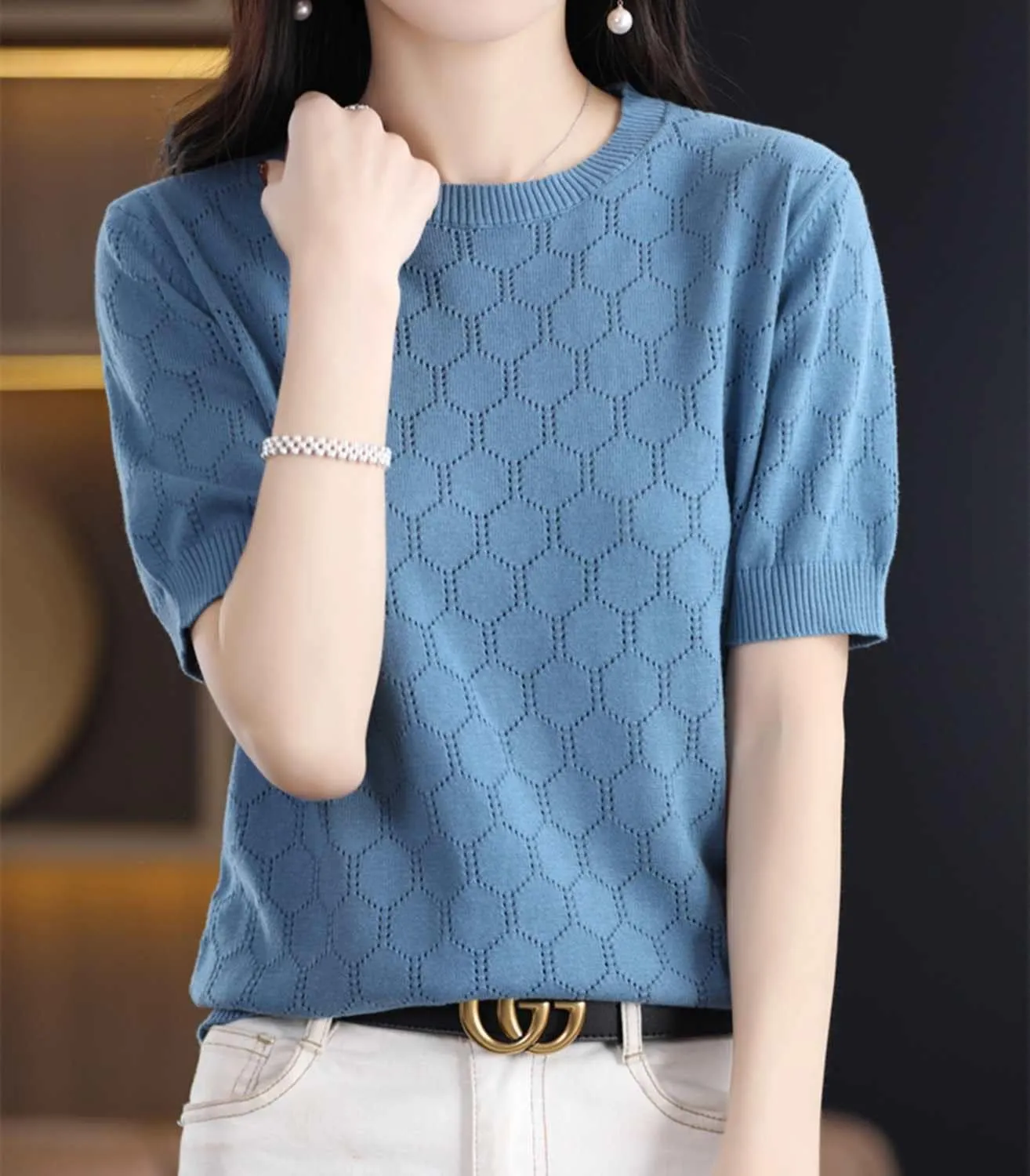 Summer Hollow Out T-Shirt Women's Short Sleeve Sweater Cotton Knitted O-Neck Lightweight Pointelle Breathable Tops
