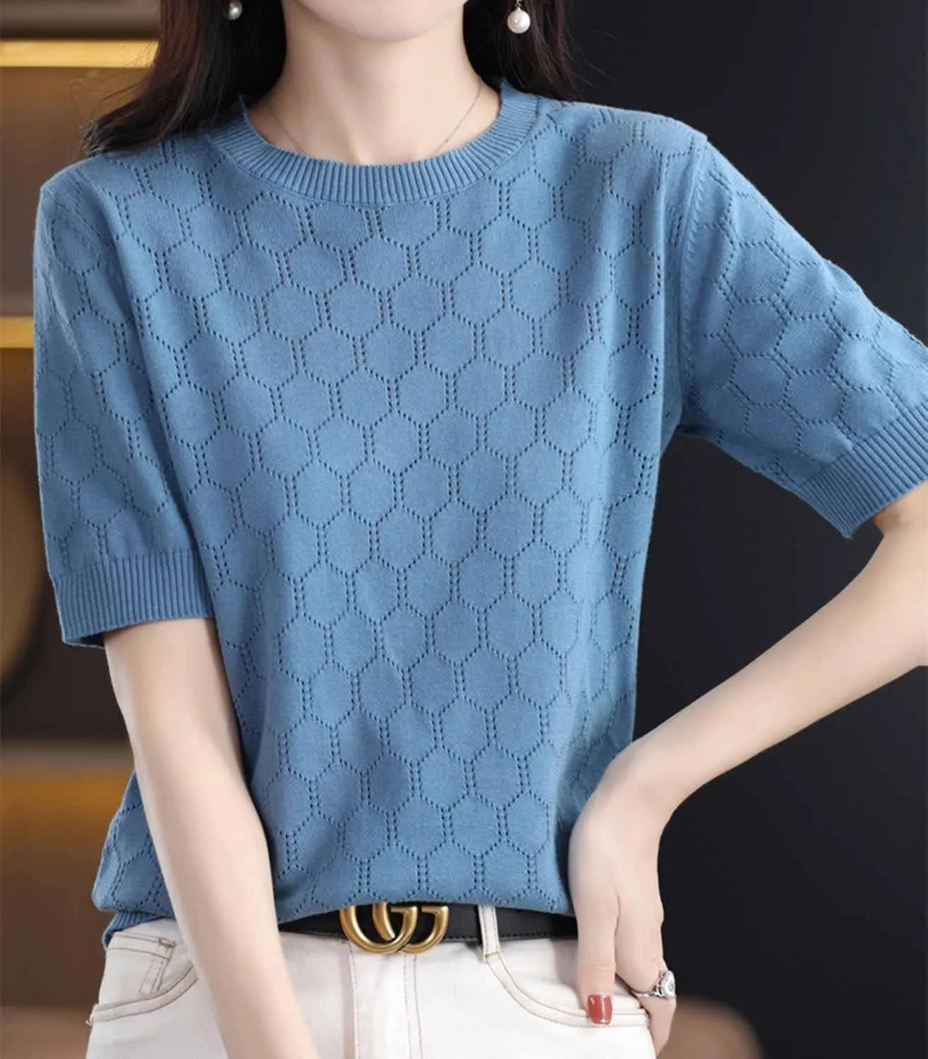 Summer Hollow Out T-Shirt Women's Short Sleeve Sweater Cotton Knitted O-Neck Lightweight Pointelle Breathable Tops
