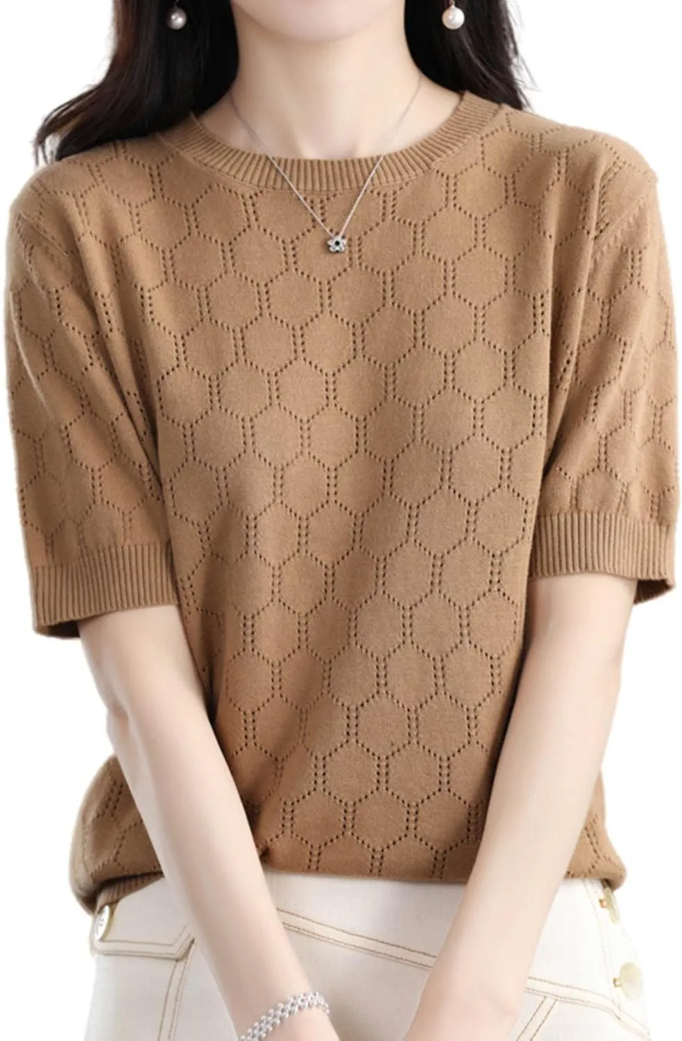 Summer Hollow Out T-Shirt Women's Short Sleeve Sweater Cotton Knitted O-Neck Lightweight Pointelle Breathable Tops