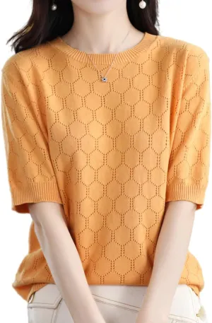 Summer Hollow Out T-Shirt Women's Short Sleeve Sweater Cotton Knitted O-Neck Lightweight Pointelle Breathable Tops