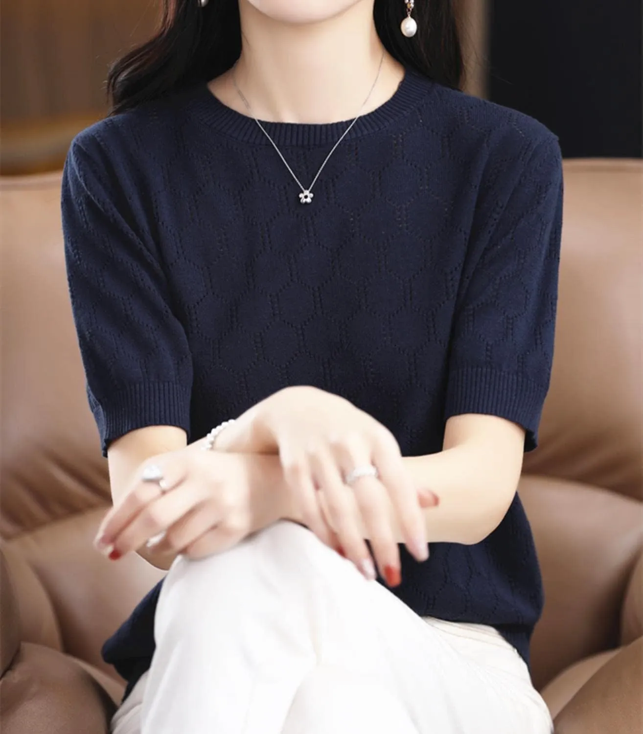 Summer Hollow Out T-Shirt Women's Short Sleeve Sweater Cotton Knitted O-Neck Lightweight Pointelle Breathable Tops