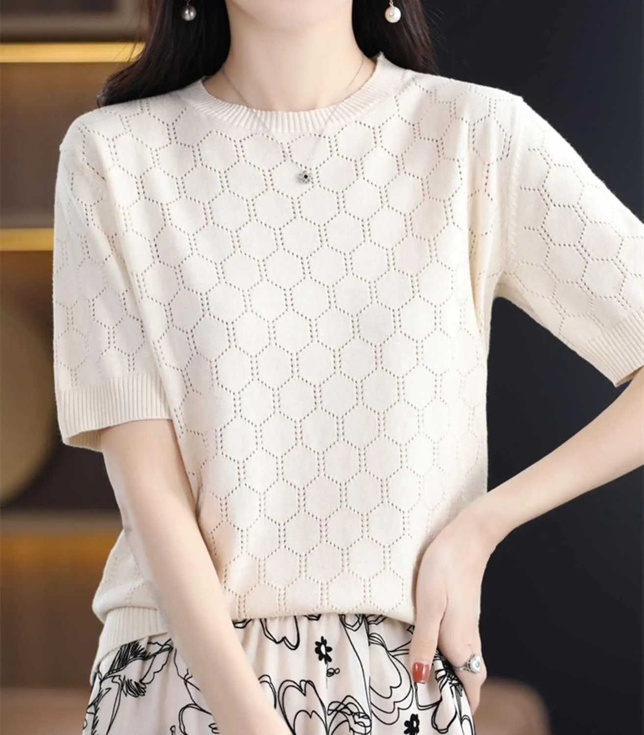 Summer Hollow Out T-Shirt Women's Short Sleeve Sweater Cotton Knitted O-Neck Lightweight Pointelle Breathable Tops
