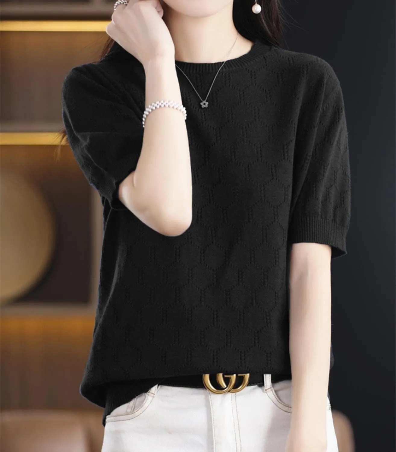 Summer Hollow Out T-Shirt Women's Short Sleeve Sweater Cotton Knitted O-Neck Lightweight Pointelle Breathable Tops