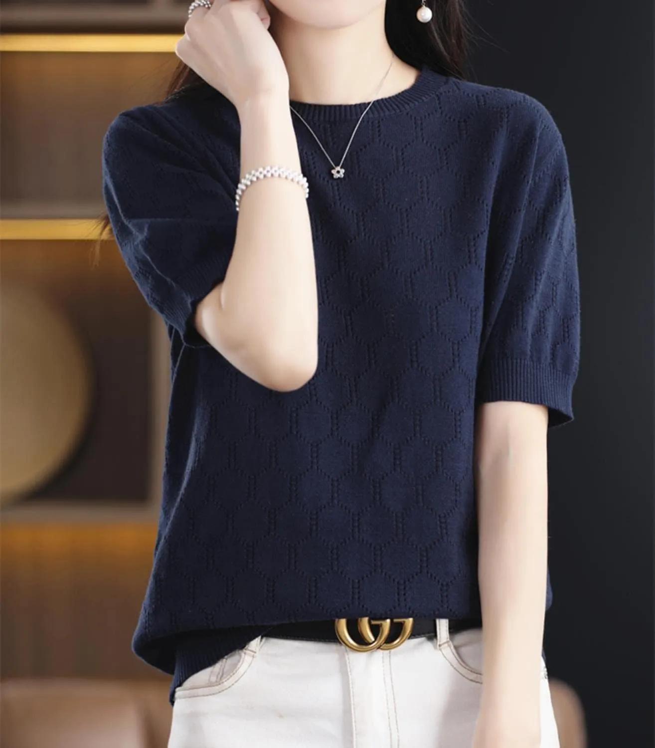 Summer Hollow Out T-Shirt Women's Short Sleeve Sweater Cotton Knitted O-Neck Lightweight Pointelle Breathable Tops