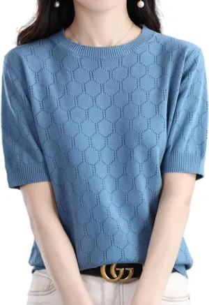 Summer Hollow Out T-Shirt Women's Short Sleeve Sweater Cotton Knitted O-Neck Lightweight Pointelle Breathable Tops