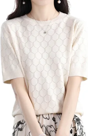 Summer Hollow Out T-Shirt Women's Short Sleeve Sweater Cotton Knitted O-Neck Lightweight Pointelle Breathable Tops