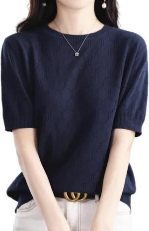 Summer Hollow Out T-Shirt Women's Short Sleeve Sweater Cotton Knitted O-Neck Lightweight Pointelle Breathable Tops