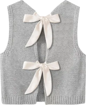 Sweater Vest for Women Summer Tops Bow Tie Back Knitted Tank Tops Casual Crop Cardigan Vest