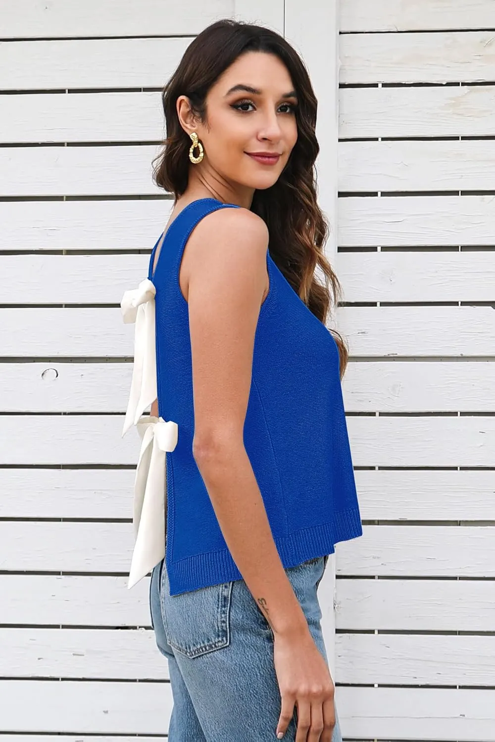 Sweater Vest for Women Summer Tops Bow Tie Back Knitted Tank Tops Casual Crop Cardigan Vest