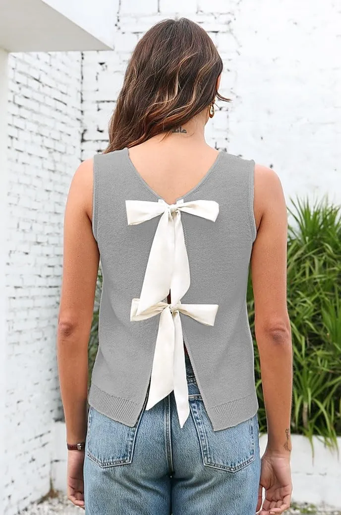 Sweater Vest for Women Summer Tops Bow Tie Back Knitted Tank Tops Casual Crop Cardigan Vest