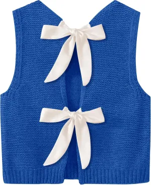 Sweater Vest for Women Summer Tops Bow Tie Back Knitted Tank Tops Casual Crop Cardigan Vest
