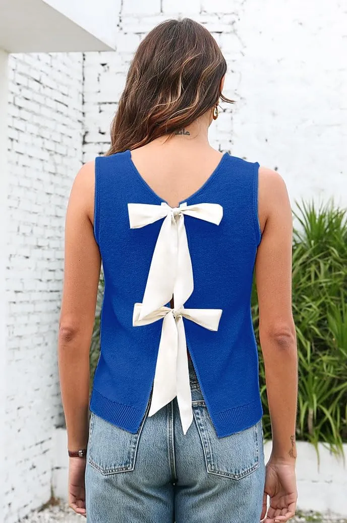 Sweater Vest for Women Summer Tops Bow Tie Back Knitted Tank Tops Casual Crop Cardigan Vest