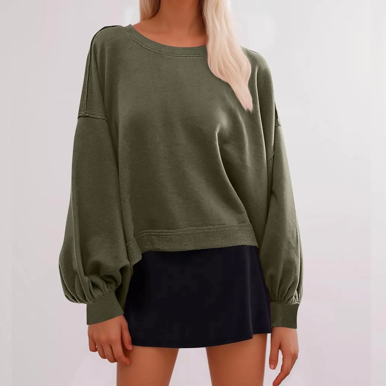 Sweatshirt for Women Cropped Drop Shoulder Pullover Classic Solid Color Loose Fit Tops Daily Dressy Casual Hoodie