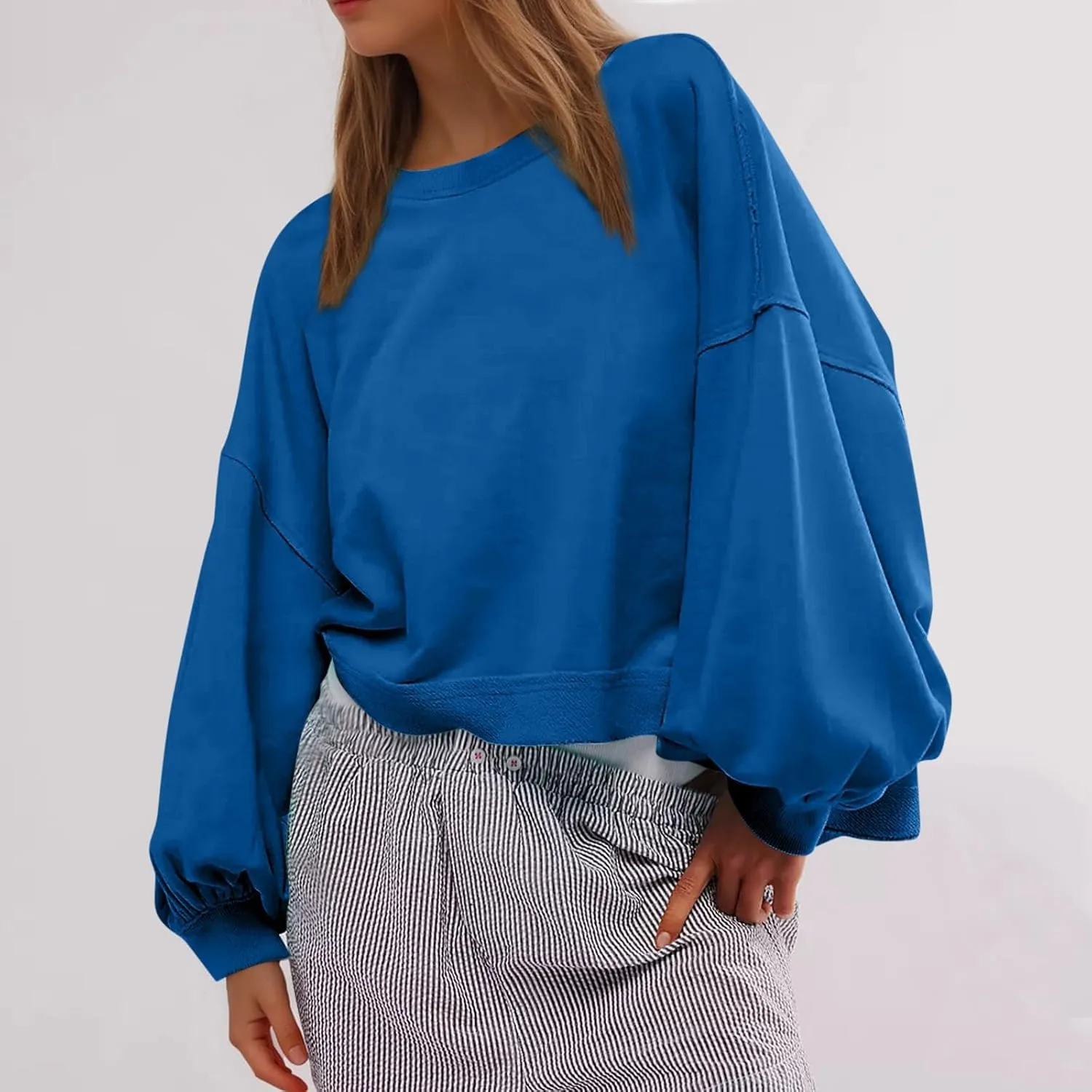 Sweatshirt for Women Cropped Drop Shoulder Pullover Classic Solid Color Loose Fit Tops Daily Dressy Casual Hoodie