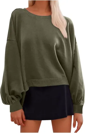 Sweatshirt for Women Cropped Drop Shoulder Pullover Classic Solid Color Loose Fit Tops Daily Dressy Casual Hoodie