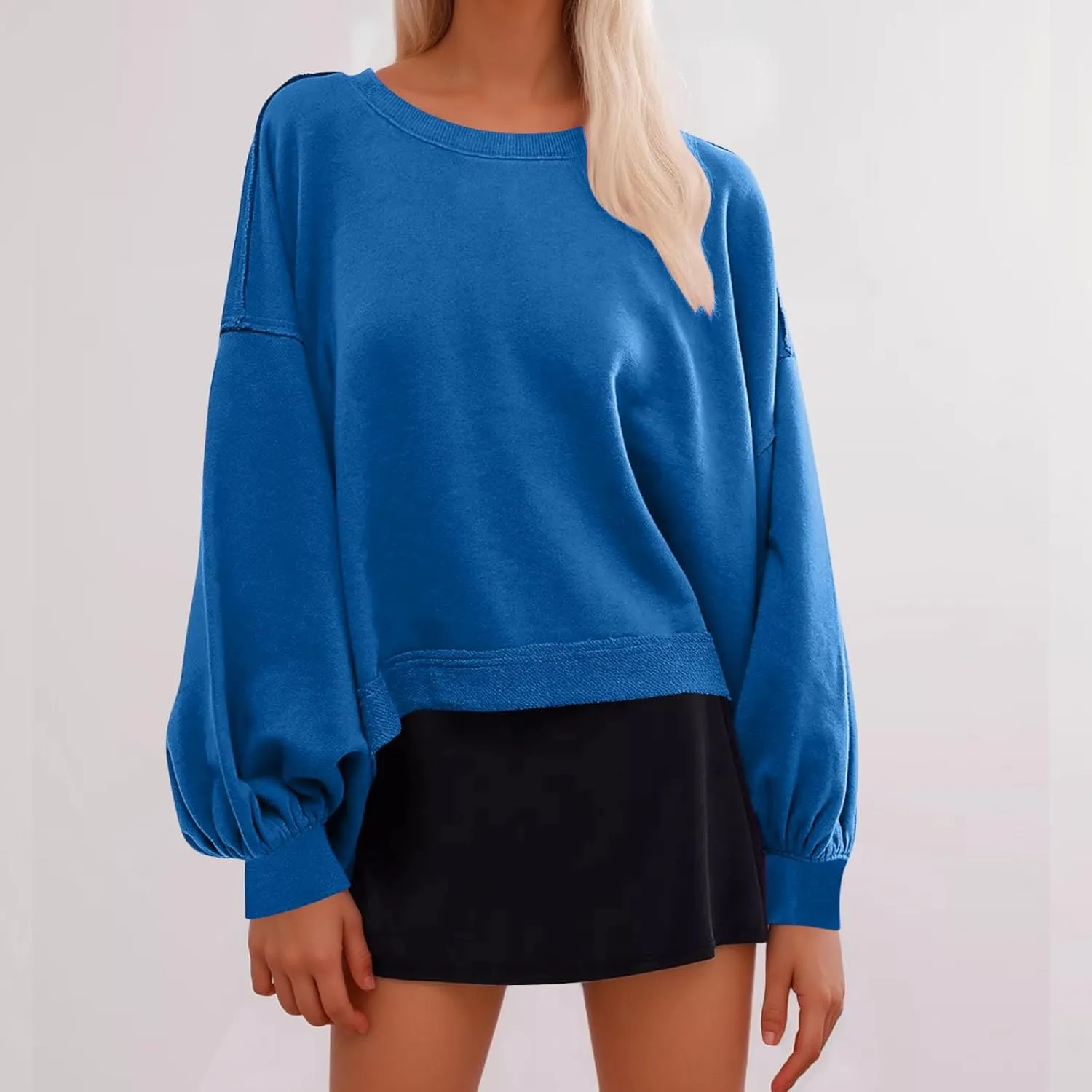 Sweatshirt for Women Cropped Drop Shoulder Pullover Classic Solid Color Loose Fit Tops Daily Dressy Casual Hoodie