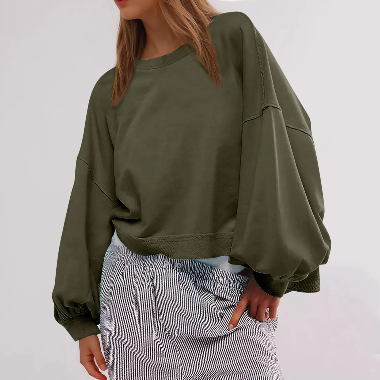 Sweatshirt for Women Cropped Drop Shoulder Pullover Classic Solid Color Loose Fit Tops Daily Dressy Casual Hoodie