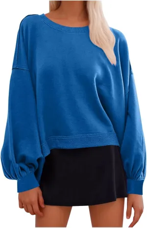 Sweatshirt for Women Cropped Drop Shoulder Pullover Classic Solid Color Loose Fit Tops Daily Dressy Casual Hoodie
