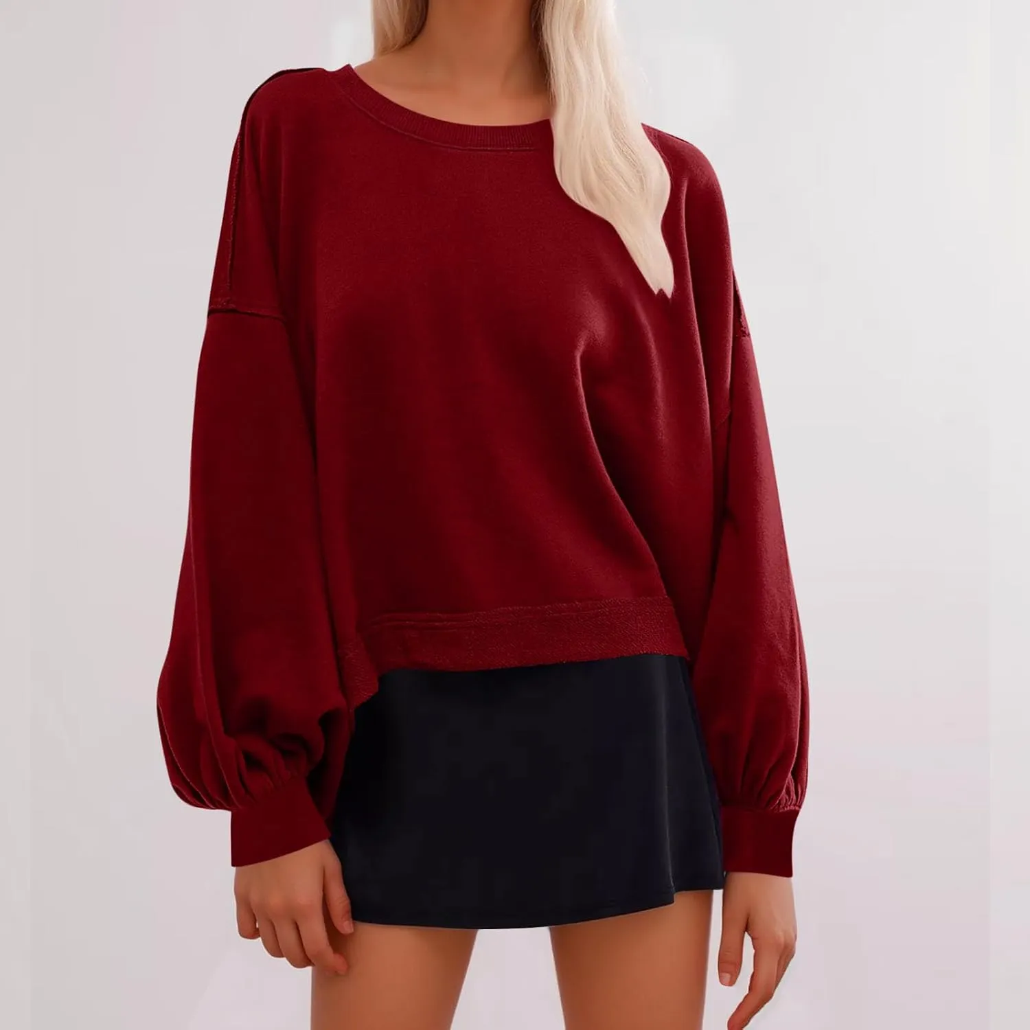 Sweatshirt for Women Cropped Drop Shoulder Pullover Classic Solid Color Loose Fit Tops Daily Dressy Casual Hoodie