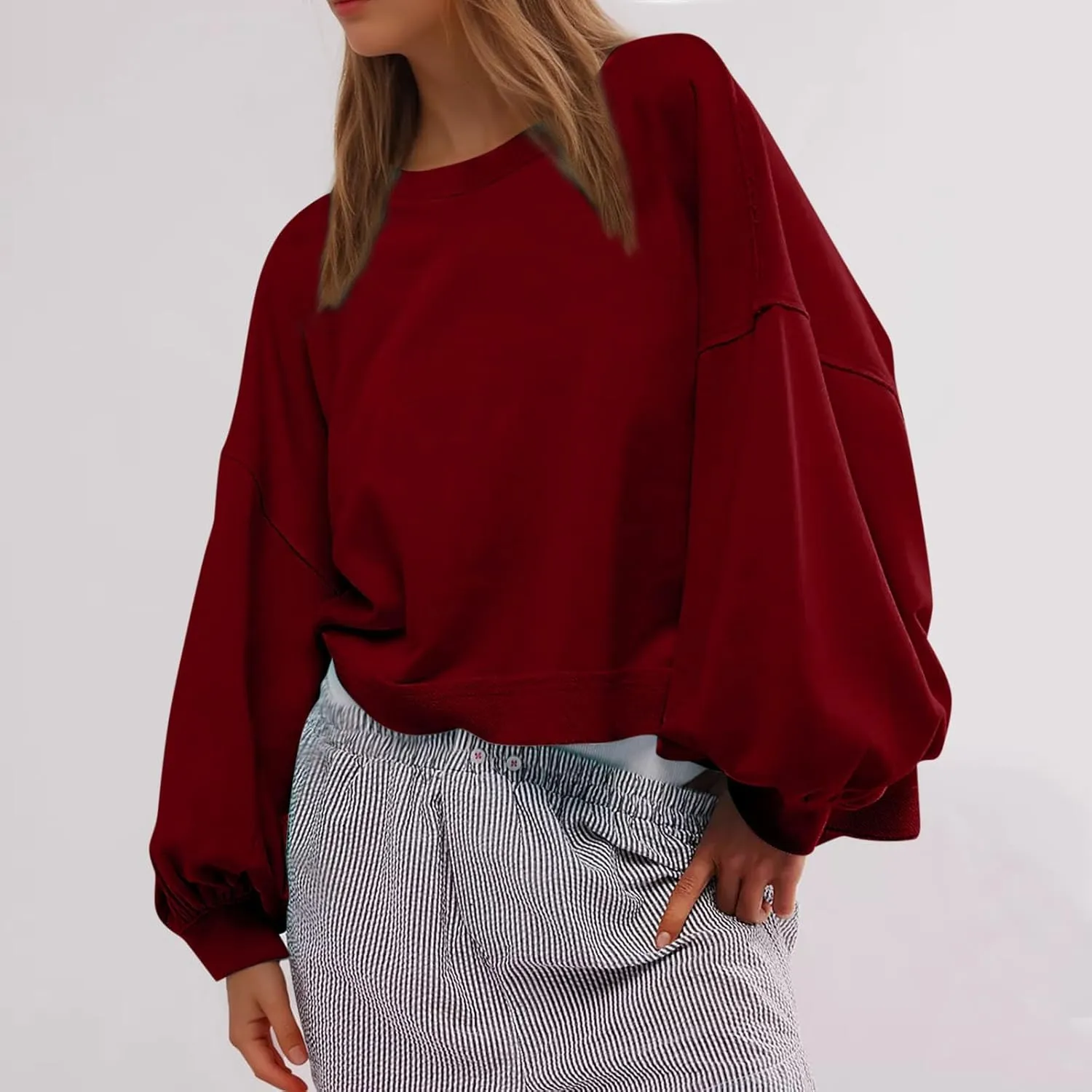 Sweatshirt for Women Cropped Drop Shoulder Pullover Classic Solid Color Loose Fit Tops Daily Dressy Casual Hoodie